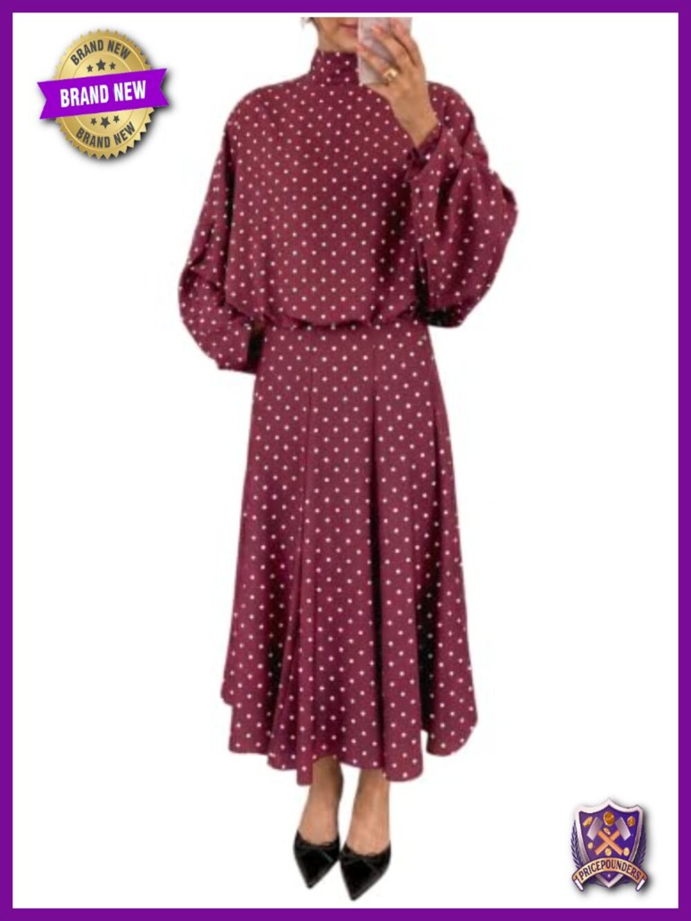 Wenrine Women's 2 Piece Outfit Polka Dot Maxi Skirt Set Tie Neck Long Sleeve